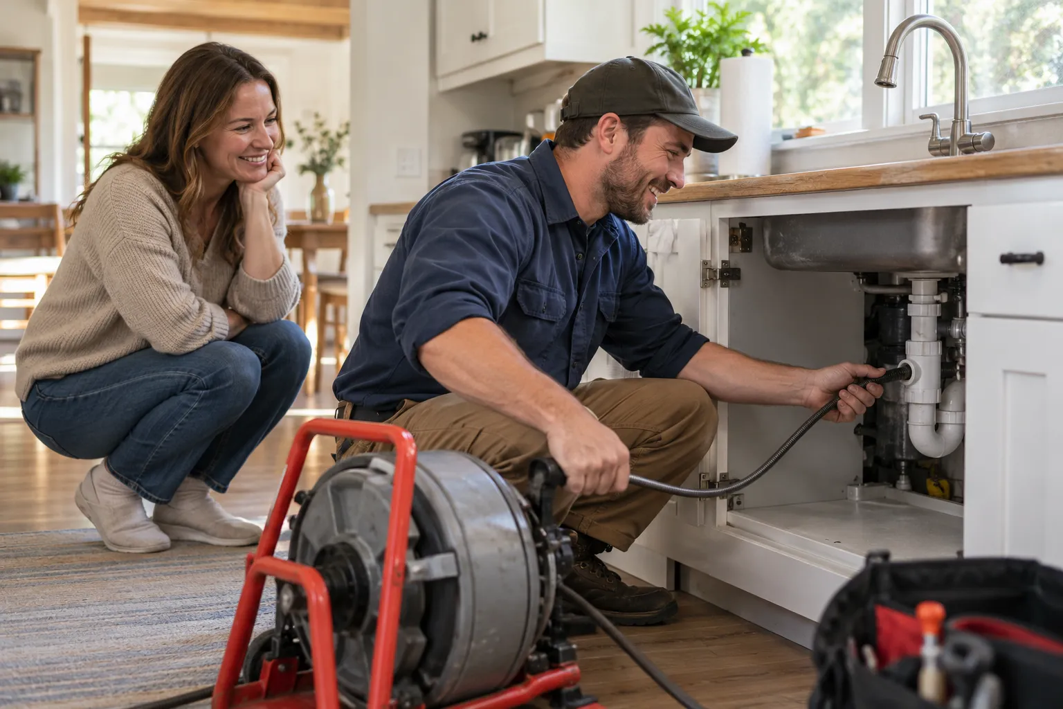 A friendly local provider clearing a kitchen drain for a homeowner in Pevely