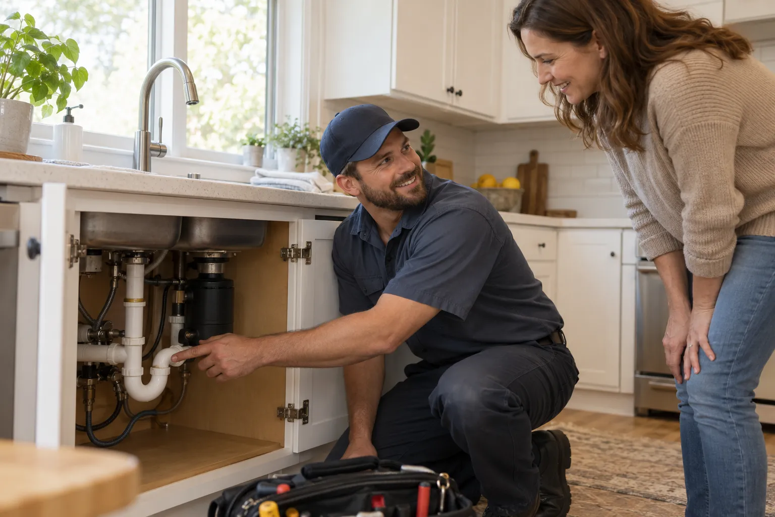 A friendly local provider checking a kitchen pipe for a homeowner in Pevely